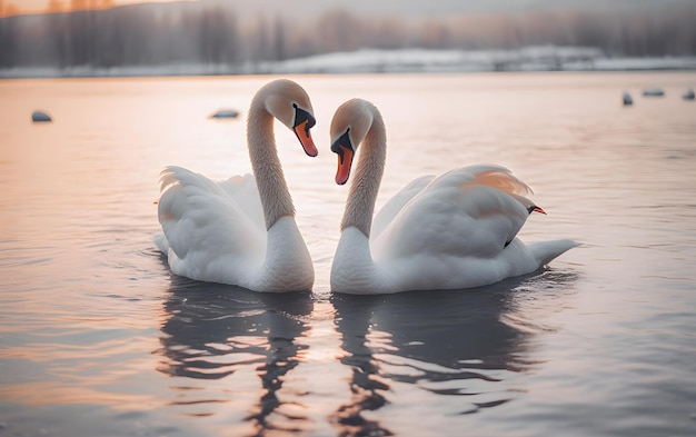 Cisnes formando corazón de amor en un lago borroso al amanecer