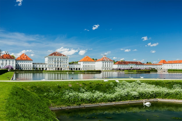 Cisnes na fonte perto do Palácio Nymphenburg