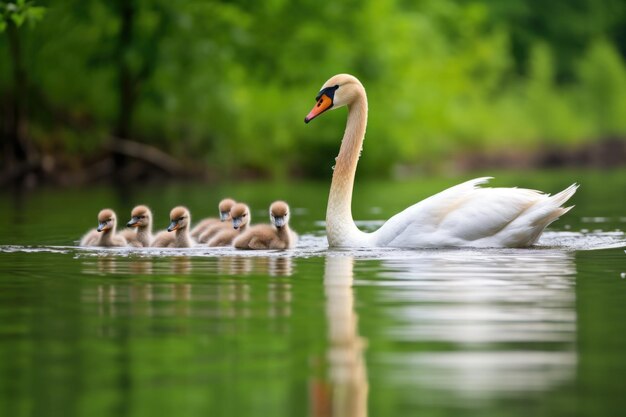 Los cisnes nadando con sus cisnes