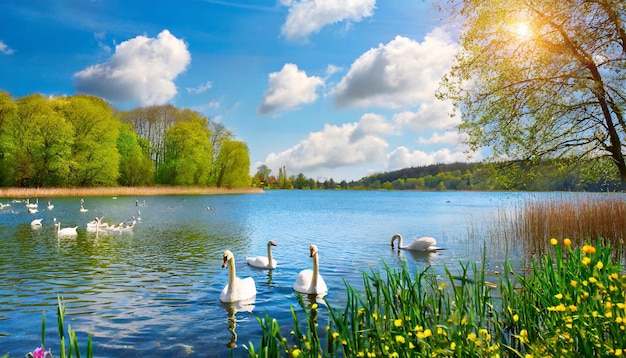 Cisnes no lago bela paisagem de primavera