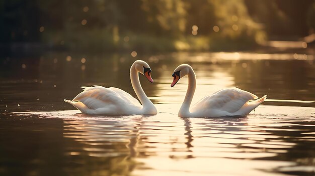 Cisnes num lago com o sol a pôr-se atrás deles