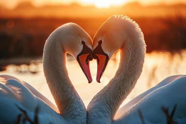 Foto cisnes românticos a fazer uma forma de coração um casal de cisnes para o dia dos namorados