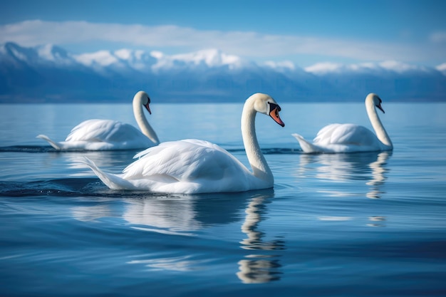 Cisnes serenos deslizando graciosamente pela tranquila piscina azul IA generativa