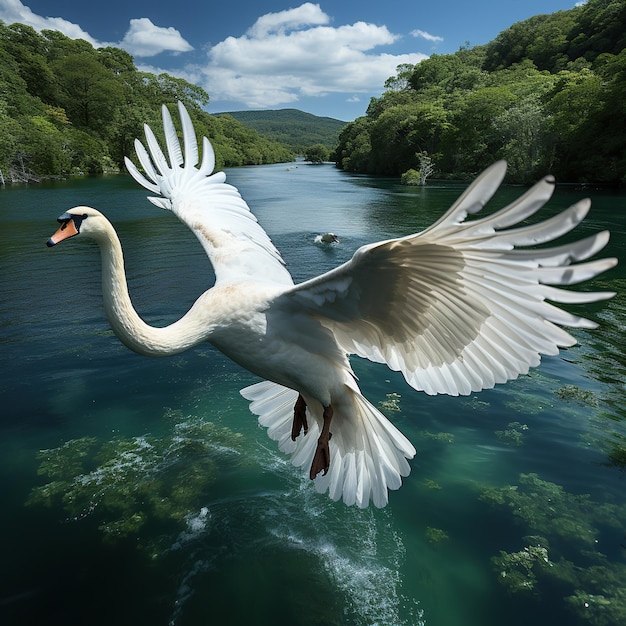 Cisnes voando sobre o belo rio