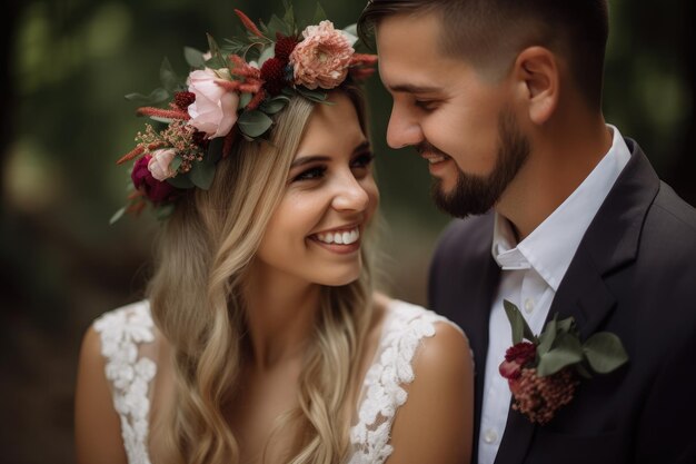 Cita de amor y pareja con una sonrisa en su día de bodas juntos creados con AI generativa