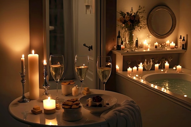 Cita romántica con mesa y vino en baño con velas creadas con ai generativo