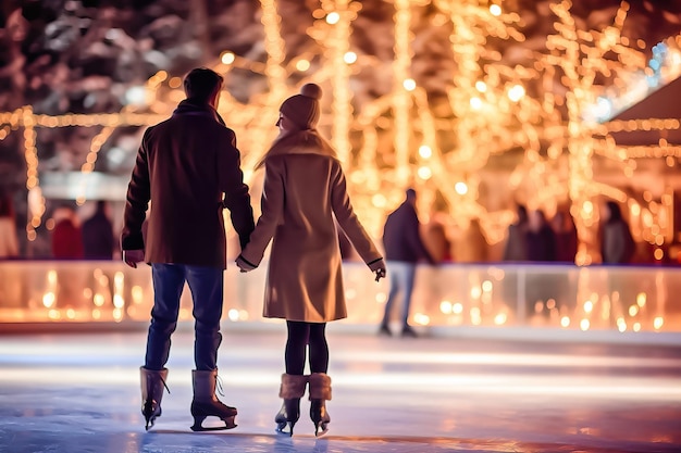 Cita romántica de patinaje sobre hielo Pareja tomados de la mano en una pista iluminada IA generativa