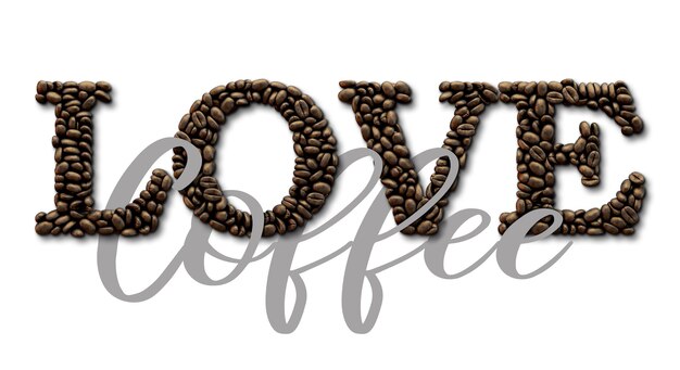 Cita tipográfica Love Coffee Cita de letras de diseño de grano de café Representación 3D