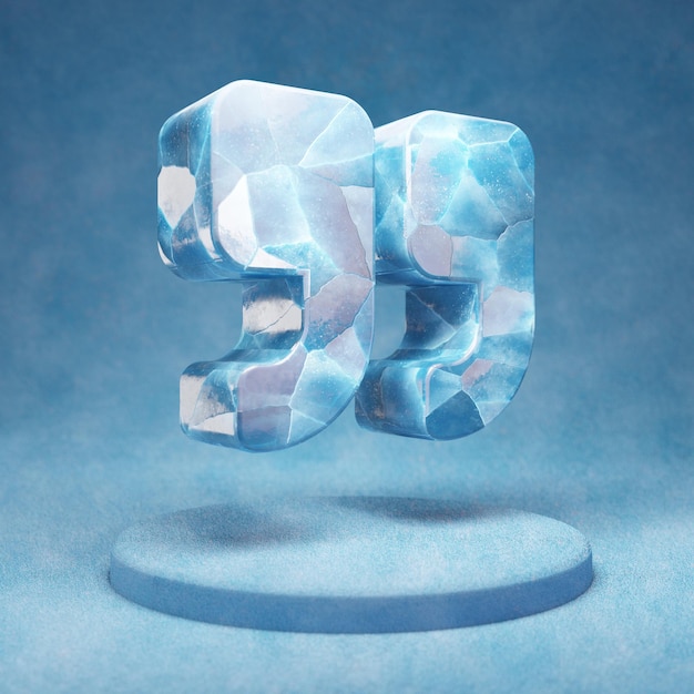 Cite o ícone certo. Símbolo de direito das citações de gelo azul rachado no pódio de neve azul. Ícone de mídia social para site, apresentação, elemento de modelo de design. Renderização 3D.