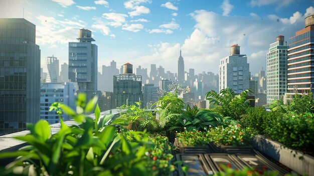 City Skyline Rooftop Garden Oasis View Escena da paisagem urbana