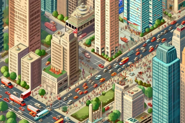 Cityscape arranha-céus ruas estacionam carros e pessoas movimentadas Generative AI