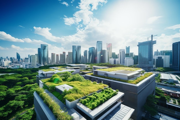 Cityscape Fusion Edifícios adornados com energia solar Telhados verdes e natureza Simbiose urbana