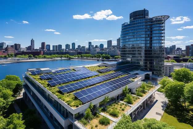 Cityscape Fusion Edifícios adornados com energia solar Telhados verdes e natureza Simbiose urbana