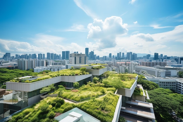 Cityscape Fusion Edifícios adornados com energia solar Telhados verdes e natureza Simbiose urbana