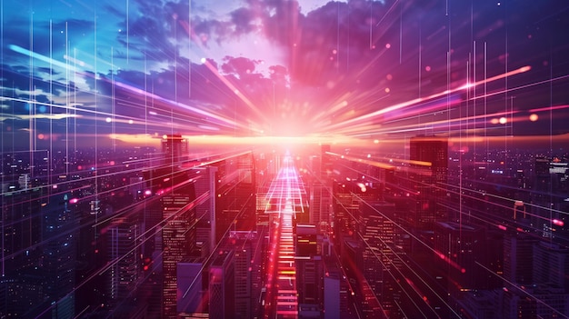 Cityscape futurista com pôr-do-sol radiante e fluxos de dados Um pôr- do-sol vibrante sobre uma cidade futurista com fluxos de datos brilhantes simbolizando conectividade e avanço tecnológico