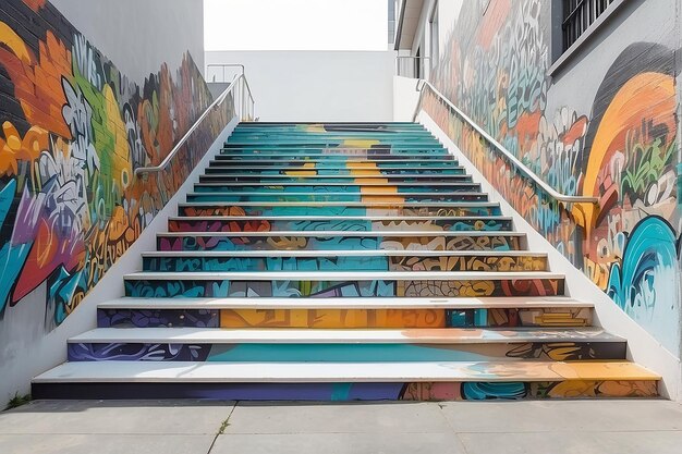 Cityscape Staircase Mural Mockup Vitrine de Arte Urbana em fundos brancos vazios