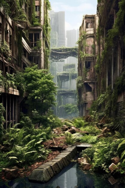 Ciudad abandonada con cascada