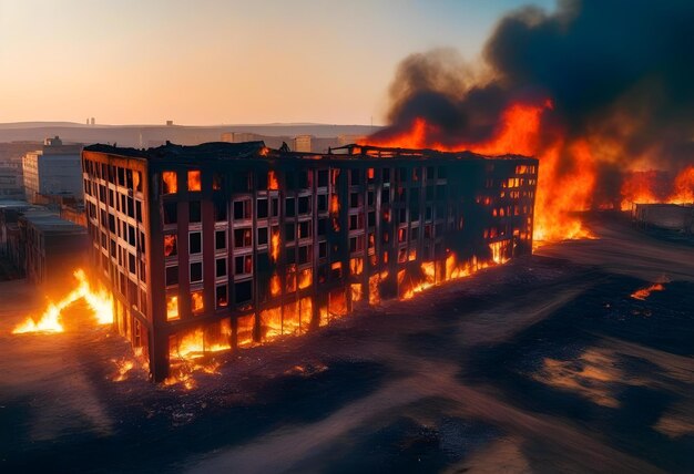 Ciudad abandonada y edificio oxidado quemado en un fuego ardiente