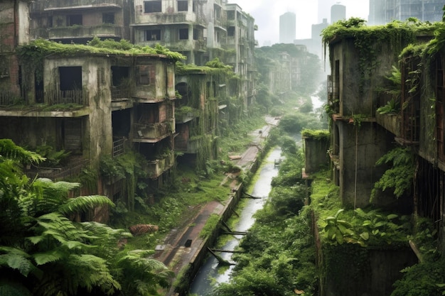 Ciudad abandonada engullida por la naturaleza creada con IA generativa