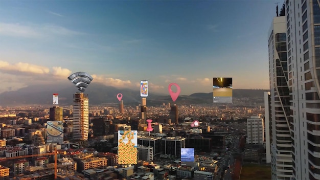 Ciudad aérea conectada con varias interfaces concepto futurista realidad aumentada