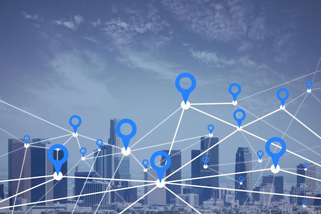 Ciudad del amanecer aburrido y fondo del cielo con conexiones de puntero de mapa digital Navegación y gps de ciudad inteligente