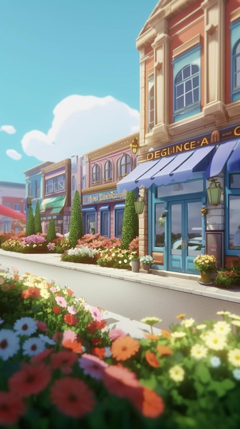 Ciudad de anime con muchas flores y edificios ai generativo.