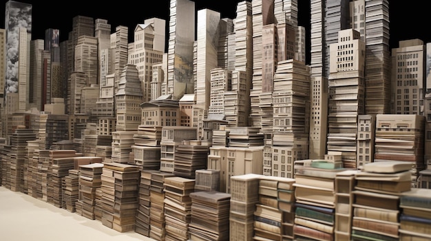 Ciudad apilada Una imponente biblioteca de Babel llena de libros y edificios