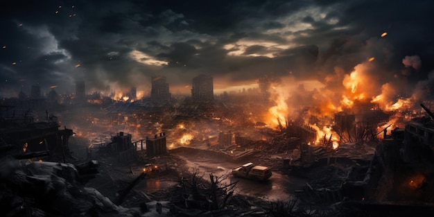 Ciudad apocalíptica de Arafed envuelta en llamas y humo generado por IA