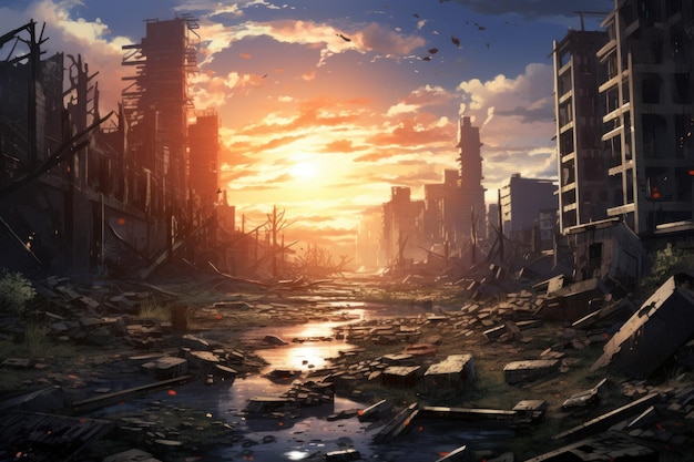 Ciudad arruinada atardecer anime juego de novela visual invasión desastre Generar Ai