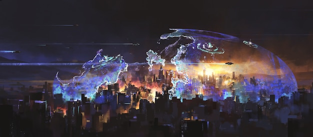 Una ciudad atacada por extraterrestres, ilustración de ciencia ficción.