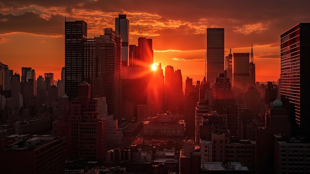 Una ciudad con un atardecer de fondo