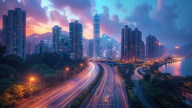 Foto una ciudad con una autopista y una ciudad con un coche conduciendo por la carretera