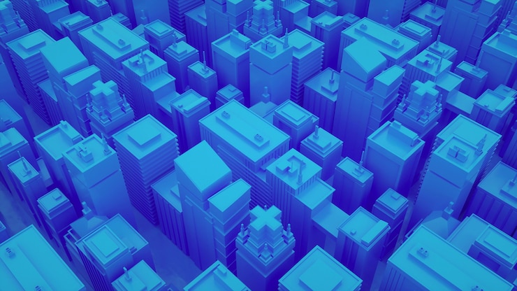 Foto ciudad azul futurista con rascacielos. ciudad isométrica abstracta