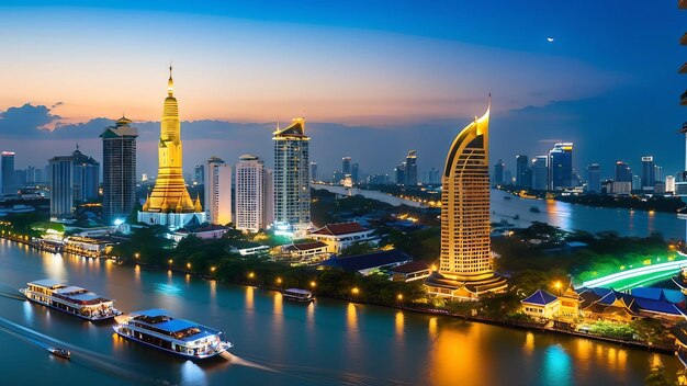 la ciudad de bangkok se acurruca en la puerta de chaophrayar el crepúsculo emite un brillo suave