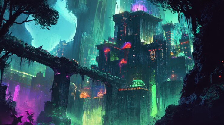 Ciudad bioluminescente entre las ruinas de la exuberante jungla