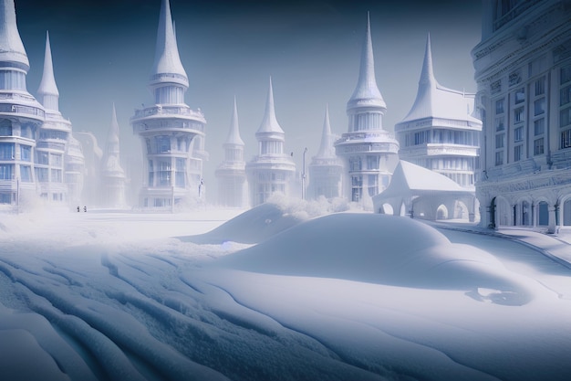 Una ciudad blanca en el planeta nevado. Casas de cuento de hadas en una ciudad nevada vacía.