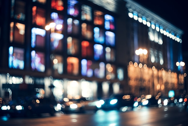 Ciudad borrosa en la noche. Bokeh Hermoso fondo abstracto con edificios desenfocados, automóviles, luces de la ciudad, personas