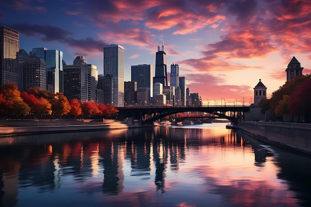 Ciudad de Chicago Imagen del centro de Chicago y el río Chicago con puentes durante la puesta de sol