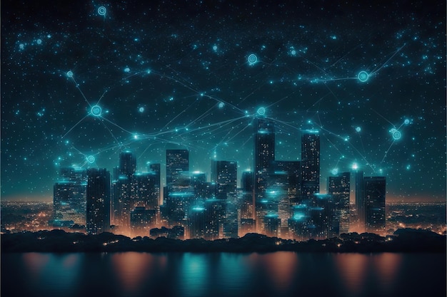 Ciudad cibernética con símbolos de datos en el concepto de tecnología iot del cielo nocturno creado con ai generativa