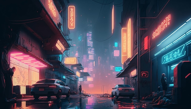 Foto ciudad ciberpunk de ciencia ficción futurista con luces de neón brillantes por la noche. ilustración digital