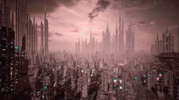 Ciudad ciberpunk futurista y concepto de metaverso 3d render