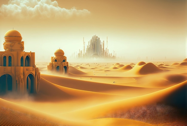 Ciudad ciberpunk futurista en dunas del desierto Megalópolis postapocalíptica en dunas de arena IA generativa