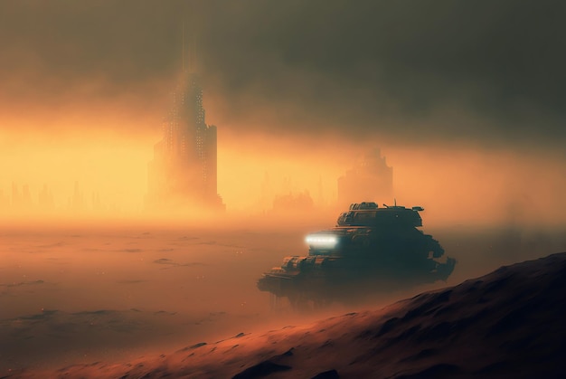 Ciudad ciberpunk futurista en dunas del desierto Megalópolis postapocalíptica en dunas de arena IA generativa