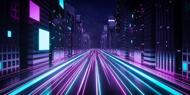 Ciudad ciberpunk futurista de representación 3d con rastro de luz azul y rosa