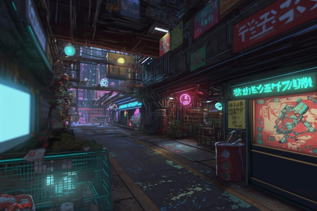 Una ciudad ciberpunk con letreros de neón y una tienda.