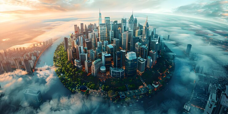 Una ciudad en el cielo con una ciudad en el fondo