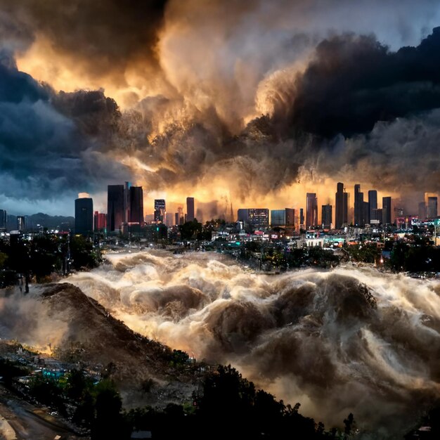 Una ciudad con un cielo oscuro y un paisaje urbano con una ciudad al fondo.