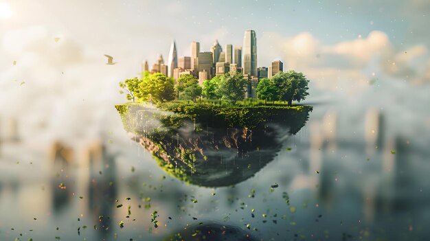 Foto una ciudad en el cielo con un planeta verde en el medio