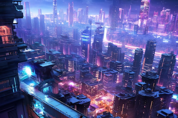 Ciudad de ciencia ficción con frescos tonos azules y morados
