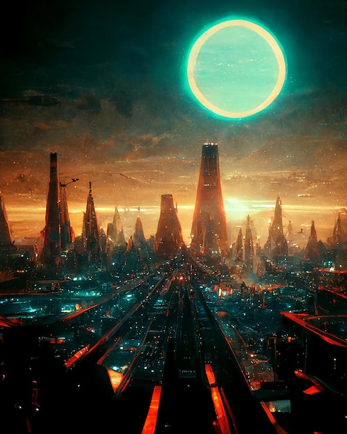 Ciudad de civilización extraterrestre futurista en Alien Planet Art Illustration